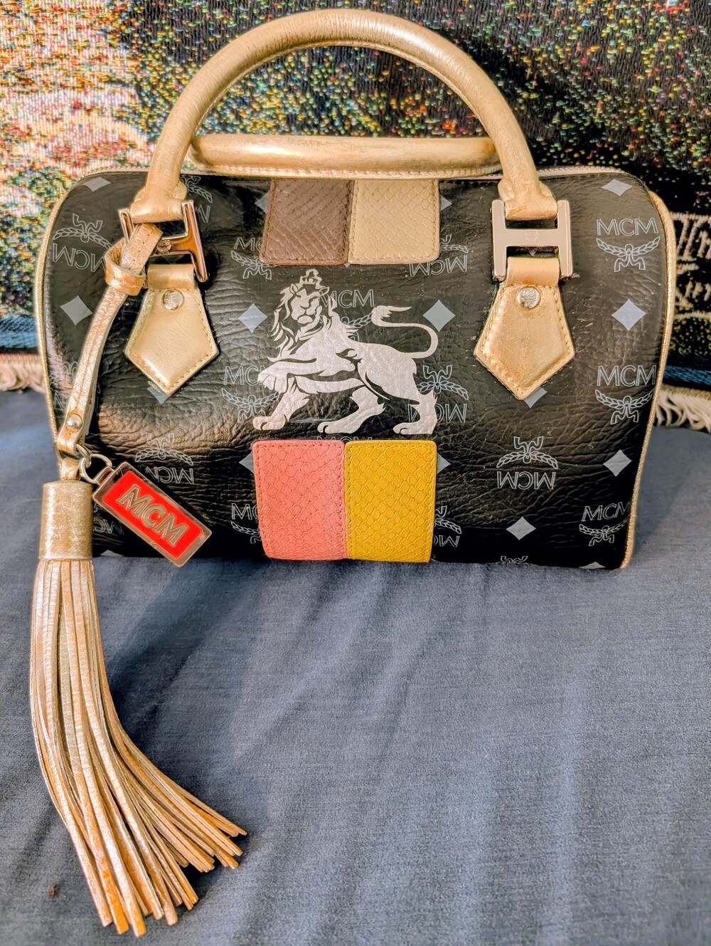 MCM Princess Lion Boston Logo Leather Bag Suede Interior!  Gorgeous!
